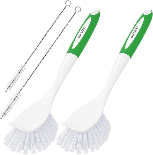 Amazer 4 Pack Dish Brush with Handle, 2 Kitchen Scrub Brushes for Cleaning, 2 Straw Cleaner Brushes for Water Bottle, Dish Scrubber with Stiff Bristles for Sink