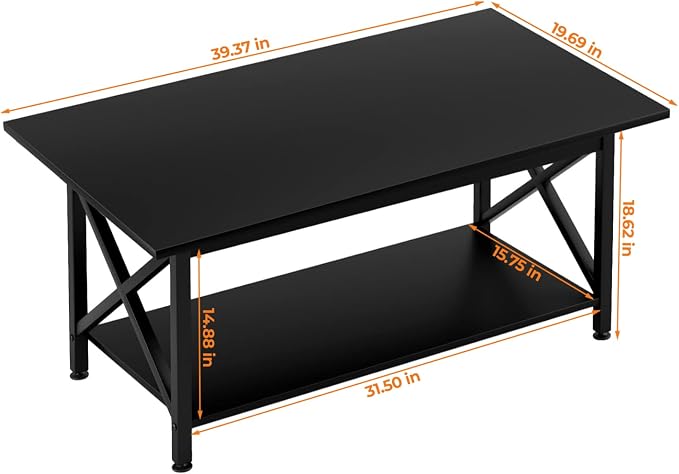 GreenForest Black Coffee Table with Storage Shelf 39 inch, 2 Tier Rectangular Center Table for Living Room,Modern Farmhouse Small Table for Home Office,Easy Assembly