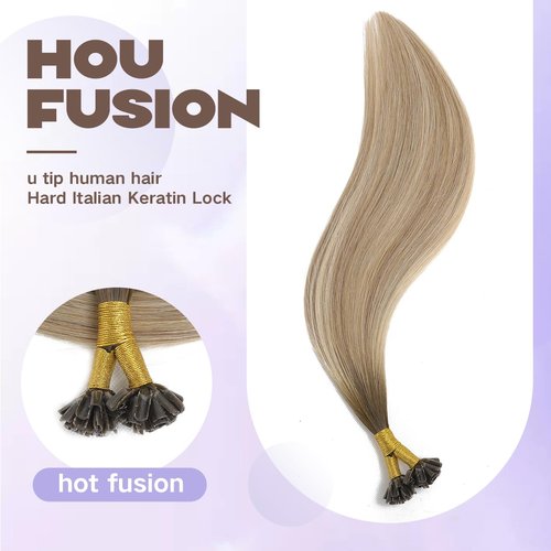 Sindra Keratin Nail Extension Tips Real Human Hair Balayage Darker Brown to Highlighted Blonde 18inch 50 Strand 50G Prebonded Fusion U Tip Hair Extensions Human Hair（Utip#3/8/22-18inch）