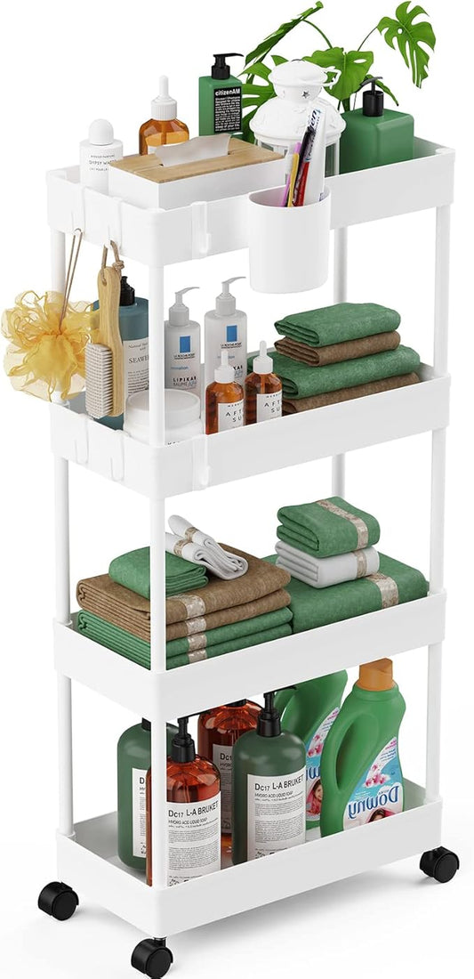 LEHOM Slim Rolling Storage Cart - 4 Tiers Bathroom Organizer Utility Cart Slide Out Storage Shelves Mobile Shelving Unit for Kitchen, Bedroom, Office, Laundry Room, Small Narrow Spaces (7.1" W+White)