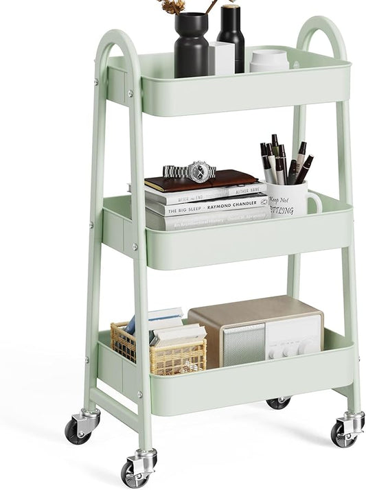 OLIXIS Metal Utility Cart, Mobile Rolling Storage Shelf with Lockable Caster Wheels, Organization for Livingroom, Bathroom & Narrow Places, 3 Tiers Green