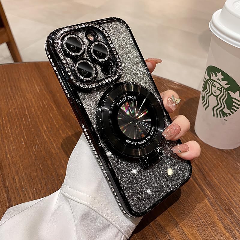 Magnetic Kickstand (Glitter Lens Protector ) Case for IPhone 15 14 13 12 Pro Max (Compatible with Magsafe ) Sparkling Diamond Cover Glitter Shiny Rhinestone Cases (Black,for iPhone 13 Pro Max)