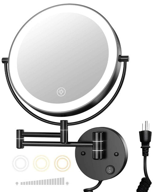 Gospire 9” Wall Mounted Lighted Magnifying Mirror, 1X/10X Magnification Double-Sided LED Bathroom Mirror, 3 Color Lights & Stepless Dimming with Touch Sensor, Extendable Arm 360° Swivel for Shaving