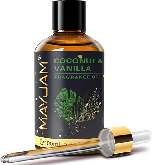 MAYJAM 100ML/3.38FL.OZ Coconut & Vanilla Fragrance Oils with Glass Dropper, Essential Oils for Diffusers for Home, Long Lasting Scented Oils for Diffusers Soap Candle Making