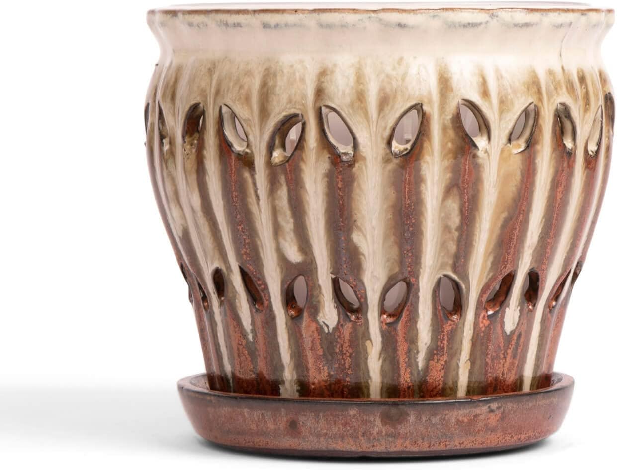 rePotme 6" Pinwheel Fluted Ceramic Plant Pot (Honey Cream Over Copper) - Great for Orchids, Succulents, and All Indoor Plants