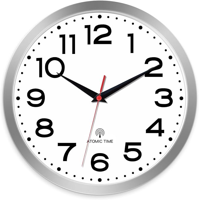 Roymnie Atomic Wall Clock 14 Inch, Modern Clock Battery Operated Classic Analog Decorative for Kitchen, Living Room, Office, Bedroom, Bathroom (Silver)