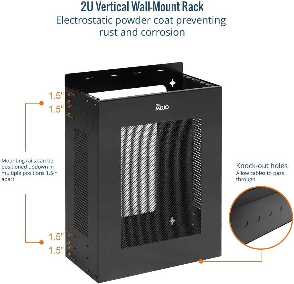 Tecmojo 2U Vertical/Horizontal Wall Mountable Server Rack, with Vented Enclosure for 19" IT Equipment, Cable Modems, Telecom, A/V, Black