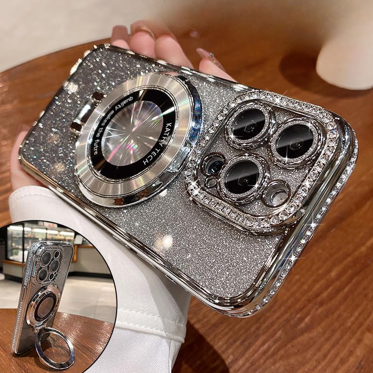 Magnetic Kickstand (Glitter Lens Protector ) Case for iPhone 15 14 13 12 Pro Max (Compatible with Magsafe ) Sparkling Diamond Cover Glitter Shiny Rhinestone Cases (Silver,for iPhone 12)