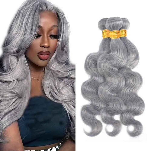 Cklikeb Human Hair Bundles Grey Color Body Wave Bundles Human Hair Unprocessed Brazilian Virgin 3 Bundles Quick Weave Human Hair Extensions (Grey Body Wave, 26 28 30)