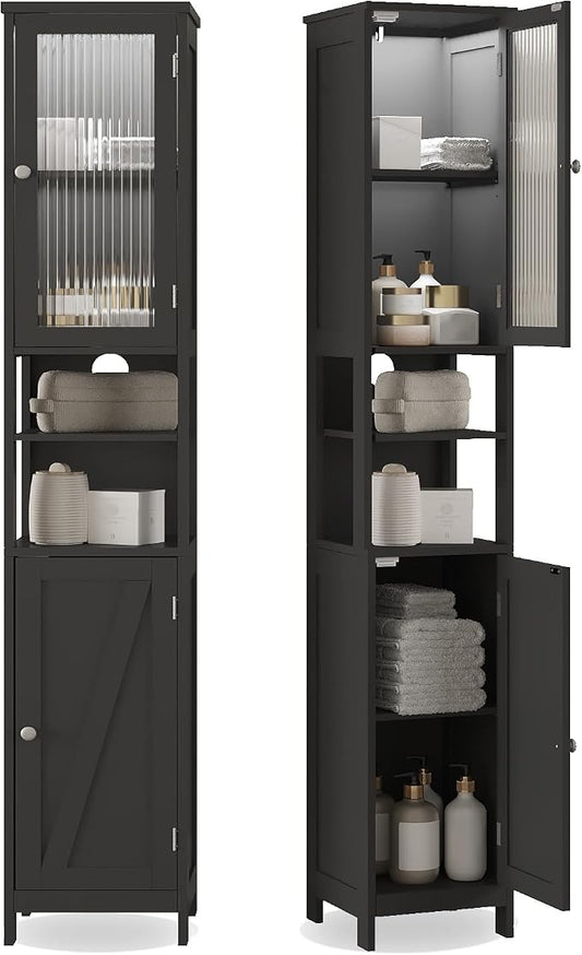 ChooChoo Tall Bathroom Storage Cabinet with Light，5-Tier Narrow Bathroom Cabinet with 2 Doors, Slim Storage Linen Cabinet Freestanding with Adjustable Shelves for Space Saving, Black