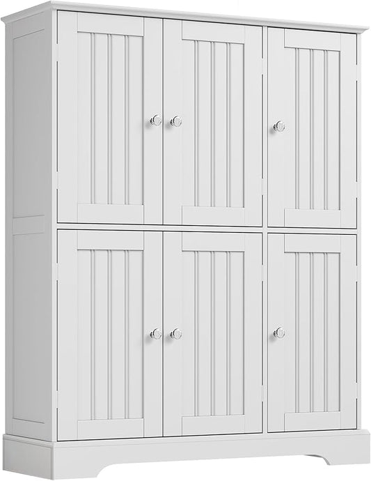 ChooChoo Bathroom Floor Cabinet, Modern Bathroom Storage Cabinet with 6 Doors and Adjustable Shelves, Freestanding Cupboard for Living Room, White