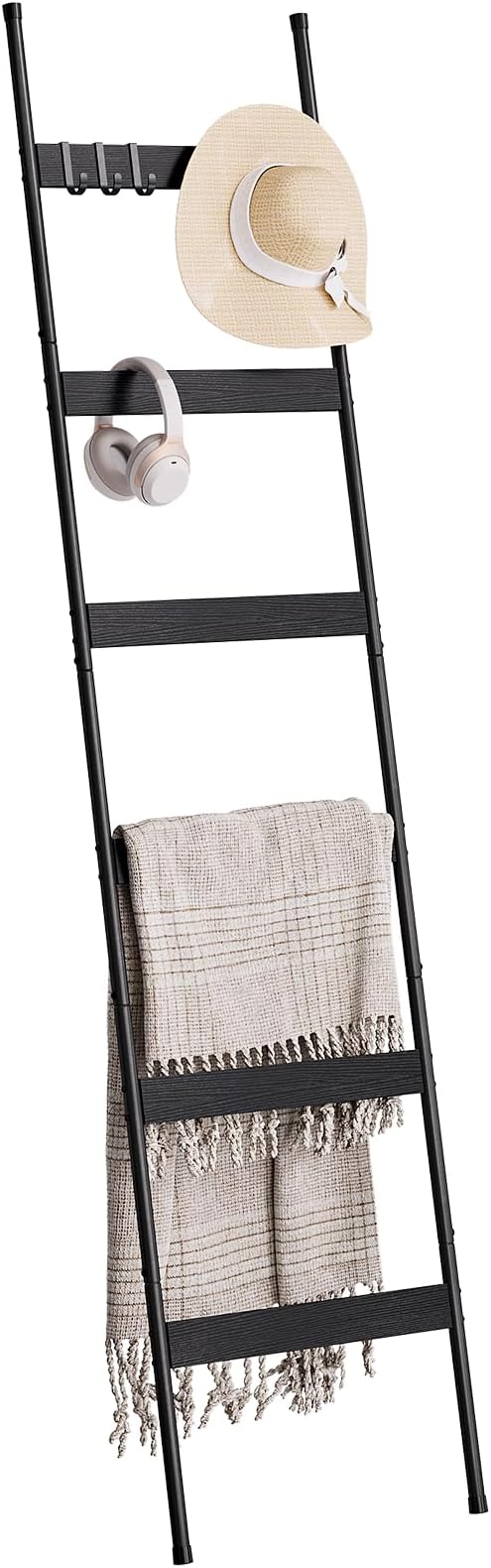 ELYKEN Blanket Ladder for Living Room, Farmhouse 6-Tier Quilt Holder with 4 Removable Hooks for Bathroom, Wood Towel Rack Display, Wall Anchor Leaning Decorative Stand for Home, Black