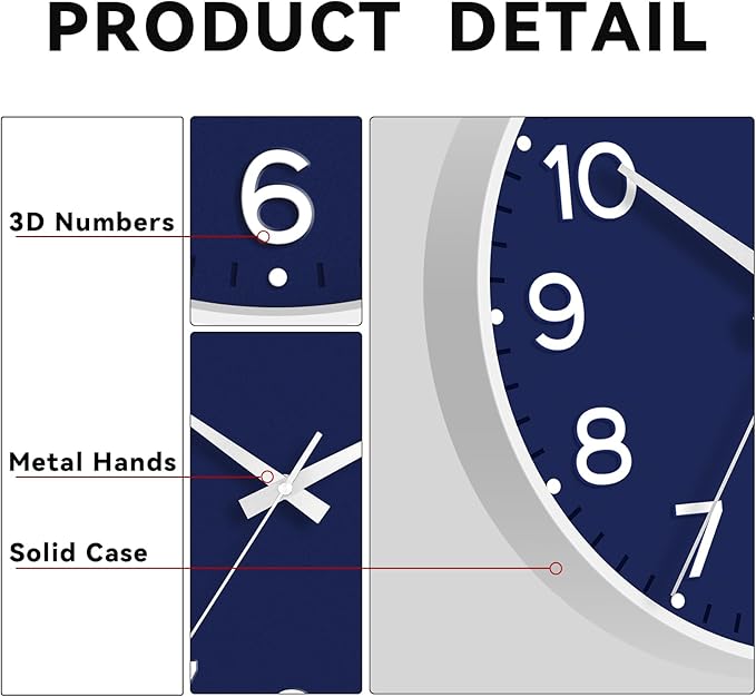 Roymnie Wall Clock, 10 Inch Silent Wall Clocks Battery Operated-Modern Non Ticking Analog Clock Decorative for Kitchen Bedroom Office Bathroom(Navy Blue)