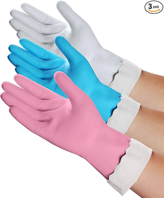 HSL Household Cleaning Gloves - Reusable Kitchen Dishwashing Gloves with Latex Free, Cotton lining, Waterproof, Non-Slip (Large, 3 Pairs)