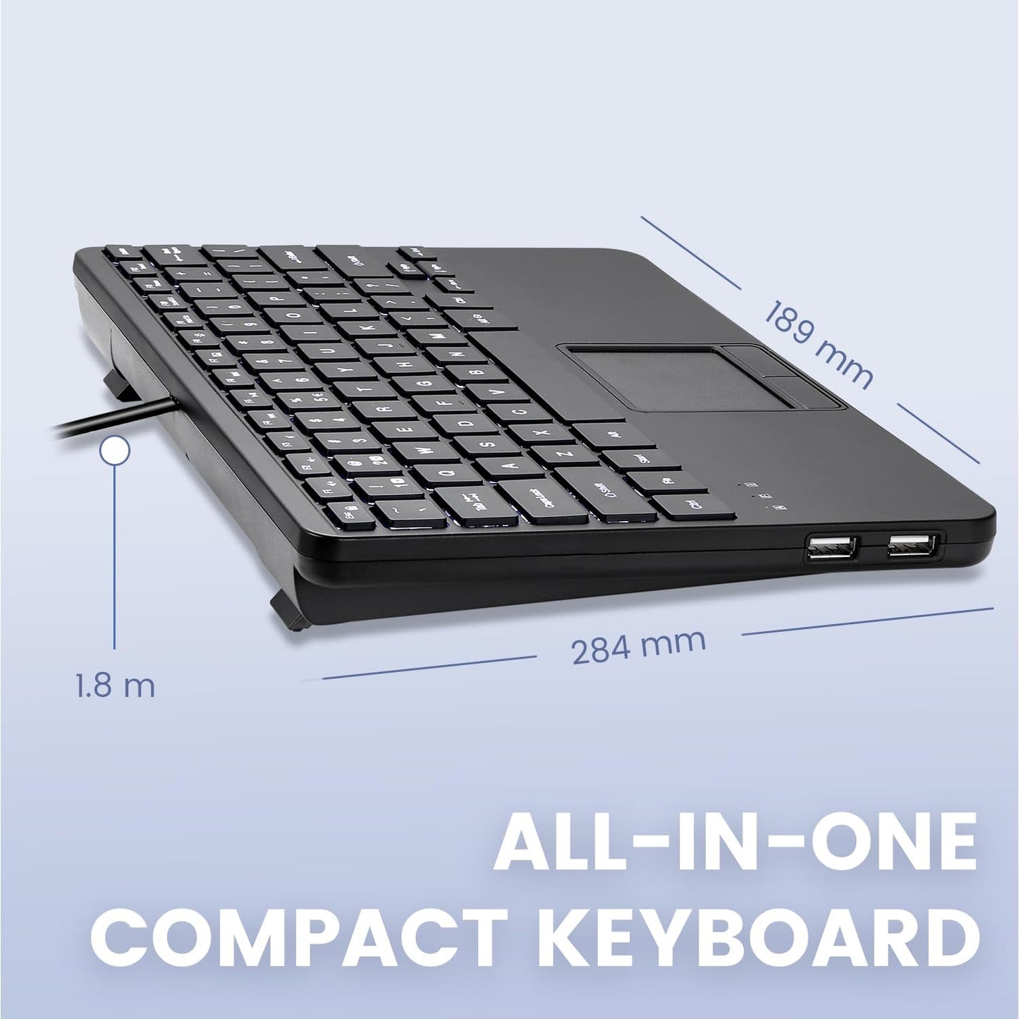 Perixx PERIBOARD-425 US Wired Mini USB Keyboard with Touchpad, X Type Scissor Keys, White Backlit, 2 USB Hubs, Compact 11.18x7.17x1.1 Inches, US English
