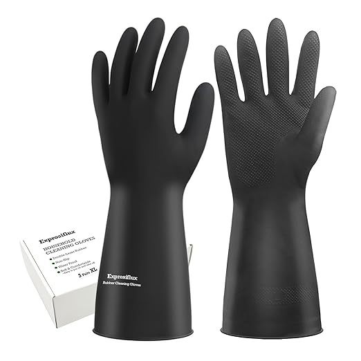 Heavy-Duty Thick Black Rubber Cleaning Gloves, 3 Pairs, XL | Reusable & waterproof black/orange dual layers. Non-slip design for dishwashing, kitchen cleaning, and auto care.