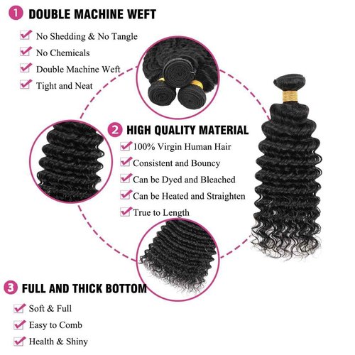 Condescension Brazilian Human Hair Bundles 26 28 30 Inch Deep Wave 3 Bundles Human Hair 100% Unprocessed Remy Brazilian Virgin Weave Hair Natural Black for Women