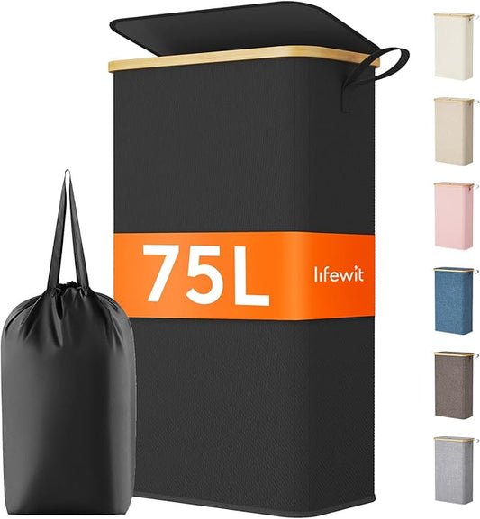 Lifewit 75L Slim Laundry Hamper with Lid, Narrow Laundry Basket with Removable Bag & Bamboo Handles, Fodable Thin Dirty Clothes Hamper for Laundry Collapsible Bin for Bathroom Bedroom Dorm, Black