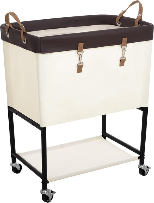 StorageWorks Laundry Cart, 2 Tier Rolling Laundry Basket, Heavy Duty Laundry Basket with Lockable Wheels, Laundry Room Organization and Storage, Clothes Hamper for Bedroom, Dorm, Closet, 29Gal, Beige