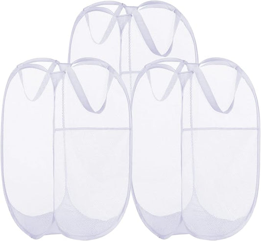 BATTOO Deluxe Strong Mesh Pop up Laundry Hamper Basket with Side Pocket for Laundry Room, Bathroom, Kids Room, College Dorm or Travel 3 Pack White
