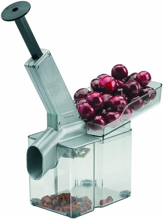 Westmark Kirschomat Cherry Pitter – High Capacity Cherry Stoner, 33 lbs/Hour, Stainless Steel Plunger, Large Pit Container, Manual Cherry Seed Remover, Ideal for Pies, Canning, Silver/Black