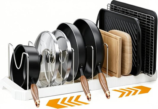 MUDEELA Pots and Pans Organizer under Cabinet, Expandable Rack with Pot Lid Holder and 10 Adjustable Dividers, Pan Organizers inside Cabinet for Kitchen Organization, Cutting Boards, Baking Sheets