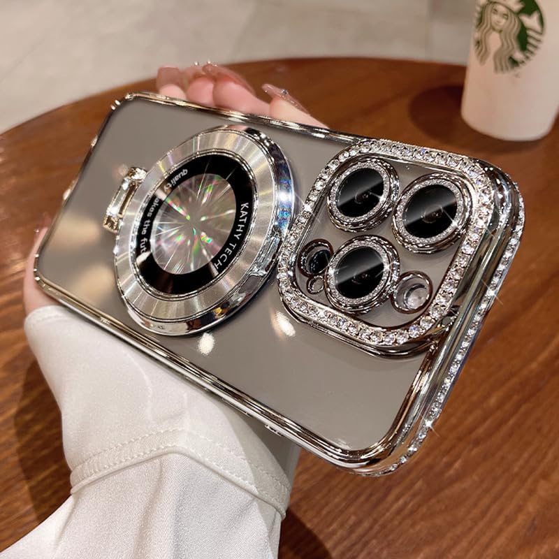 Magnetic Kickstand (Glitter Lens Protector ) Case for iPhone 15 14 13 12 Pro Max (Compatible with Magsafe ) Sparkling Diamond Cover Glitter Shiny Rhinestone Cases (Silver,for iPhone 12)
