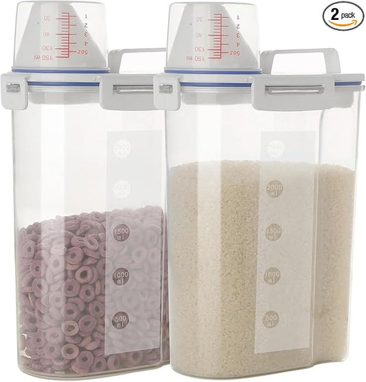 2 Pcs 5.5 LB Rice Storage Container, Airtight Cereal Flour Dispenser with Pouring Spout & Measuring Cup, Kitchen Plastic Clear Dry Food Storage Bin for Grain Oatmeal Snacks Pet Dog Food