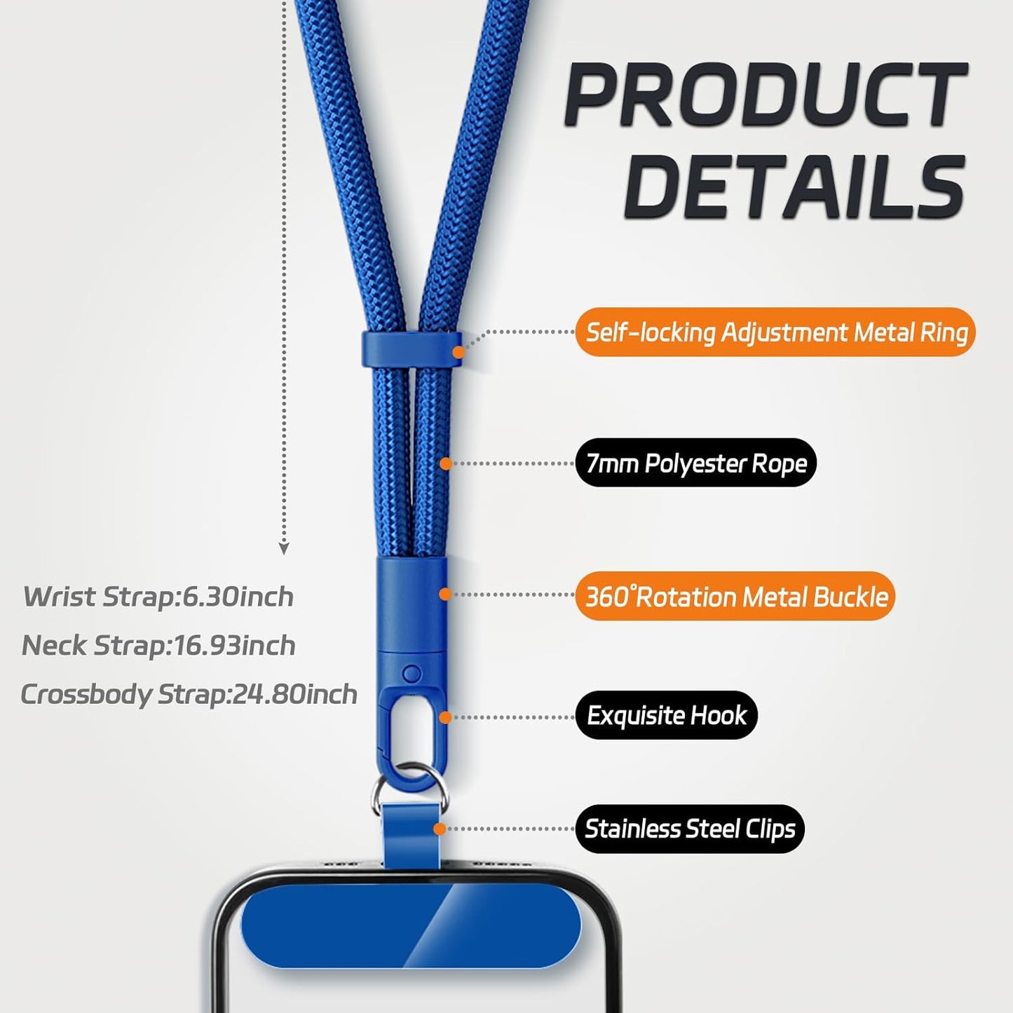 2 Pack Phone Lanyard,2×Phone Neck Strap,4×Tether Tabs,Universal Cell Phone Multifuctional Patch Polyester Lanyards,Cell Phone Lanyards for Women and Men(blue+yellow)