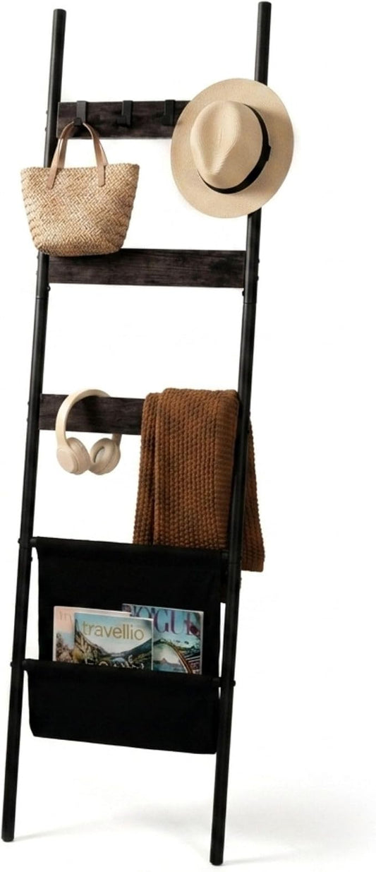 Blanket Ladder, 5 Tier Towel Rack, Wall-Leaning Blanket Rack for Living Room, Decorative Ladder with 4 Hooks and Magazine Pocket 17.3" L x 63" H - Black