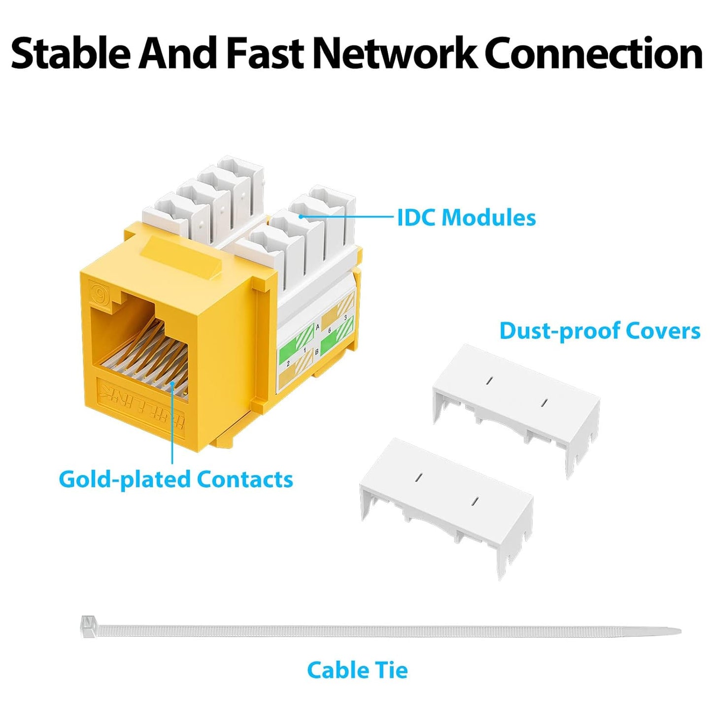 iwillink 10Gbps Cat6 Keystone Jack and Punch-Down Stand, 50-Pack, RJ45 Ethernet Keystone Jacks, 90-Degree UTP Modular Punch Down Keystone Jack Adapter, Yellow