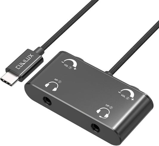 Cubilux USB C Headphone Splitter with Volume Control, Type C to 3.5mm Dual Earphones Audio Splitter for iPhone 15/16, iPad Pro 13/12.9/11, iPad Air 13/5th/4th, Galaxy S25/S24/S23, Pixel 9/8 Pro
