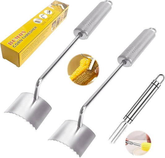 3 Pcs Corn Peeler, Stripper and Holder Set, Stainless Steel Serrated Blade Corn Remover Tool with Long Handle