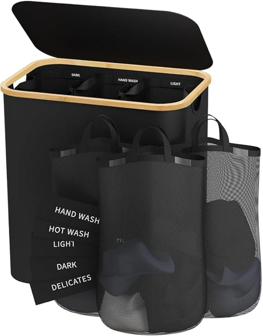 Laundry Hamper with Lid, 160L Dirty Clothes Hamper for Laundry Basket 3 Section, Extra Large Laundry Sorter Hamper 3 Compartment with Removable Inner Bags & Labels, Black