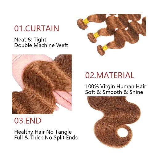Giginger Brazilian Human Hair Bundles 22 24 26 Inch Color 30 Light Brown Body Wave Bundles Human Hair Unprocessed Virgin Quick Weave Hair for Black Women