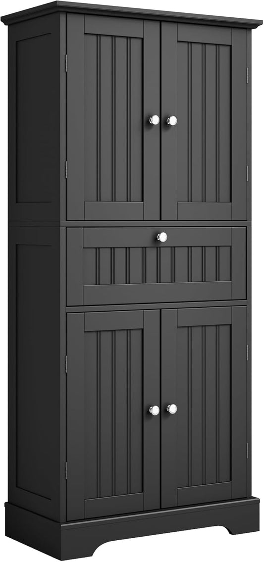 ChooChoo 51" H Tall Bathroom Floor Cabinet, Modern Bathroom Storage Cabinet with Drawer and Adjustable Shelves, Freestanding Kitchen Pantry Cupboard with 4 Doors for Living Room, Black