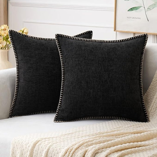 MIULEE Pack of 2 Couch Throw Pillow Covers 18x18 Inch Black Farmhouse Decorative Pillow Covers with Stitched Edge Soft Chenille Solid Dyed Pillow Covers for Sofa Bed Living Room
