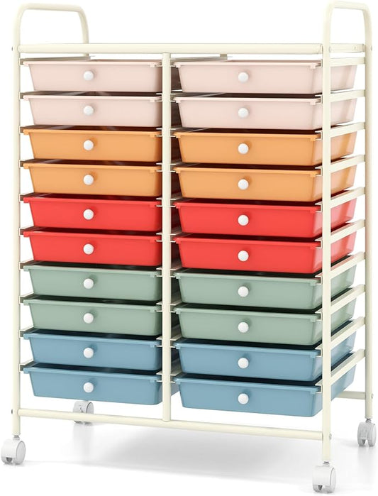 COSTWAY 20-Drawer Rolling Storage Cart, Multipurpose Storage Trolley on Wheels for Home Office, School, Macaron