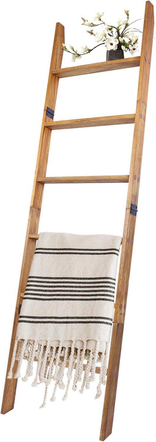 Blanket Ladder, 6-Tier Wooden Quilt Stand, Decorative Ladder Shelf, Leaning Shelf, Wall Leaning Blanket Ladder Towel Storage Rack for Living Room (Walnut)