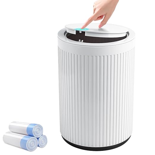 JiatuA Small Bathroom Trash Can with Lid, 2.1 Gallon Garbage Can with Pop-Up Lid Trash Bin Round Wastebasket for Kitchen Bedroom Office Living Room Toilet College Dorm, White