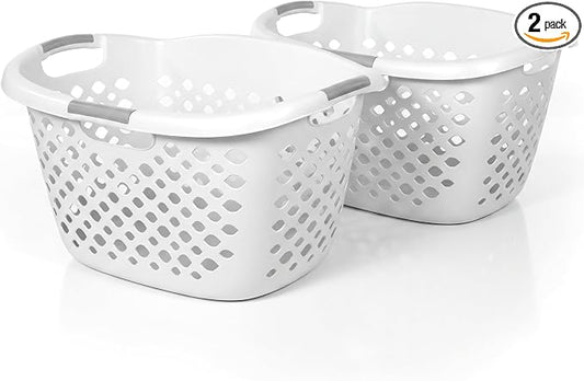 Home Logic 1.75 Bushel Plastic Laundry Basket with Hip Grip, Large Laundry Hamper with Handles, Ventilated Clothes Organizer for Bedroom Bathroom Closet, 2 Pack, White