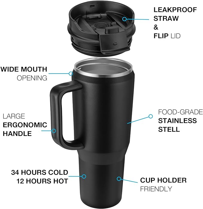 EALGRO 40 oz Tumbler with Handle, Insulated Tumblers with Lid and Straw, Large Metal Sports Water Bottle Jug, Thermal Stainless Steel Travel Coffee Mug Cup, Sage Green