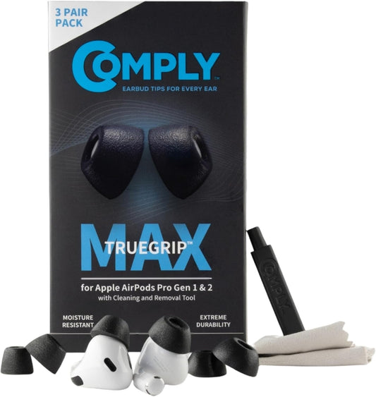 Comply TrueGrip MAX | Premium Memory Foam Replacement Earbud Tips for Apple AirPods Pro 1 & 2 | Long Lasting Comfort, Extreme Durability, Secure Fit, Superior Noise Isolation| Black (Medium) (3 Pairs)