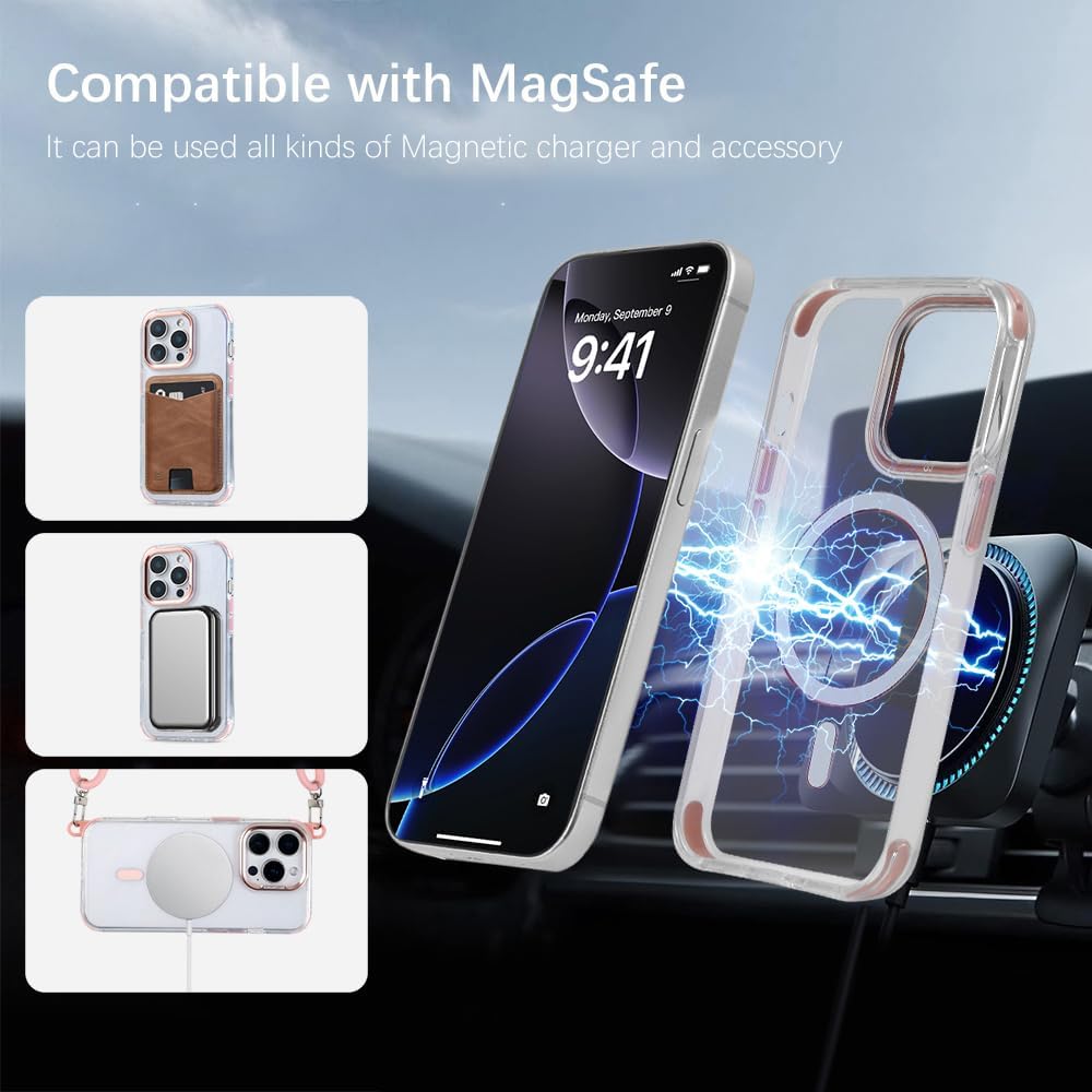 for iPhone 15 Pro Max Case with 62.99 inch Lanyard, Classic Clear&Pink Magnetic Phone Case, Drop&Shockproof Protection Cases, Phone Holder Lanyard, Compatible with Magnet Accessory