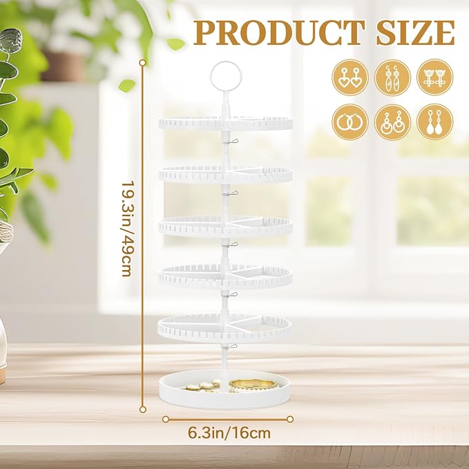 MODOWEY 5 Tier Rotating Earring Holder Organizer Display Tree with Metal Tray, Adjustable Plastic Stand with 285 Slots for Stud Hoop Hanger, Large Capacity Storage Rack for Women Space Saving, White
