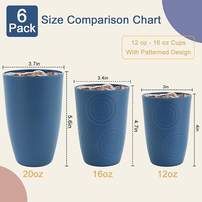 Premium Wheat Straw Cups Set of 6, Drinking Glasses 12 OZ, Alternative to Plastic Cups Reusable, Unbreakable Water Cup, Microwave and Dishwasher Safe Drinking Cups for Kitchen - Blue