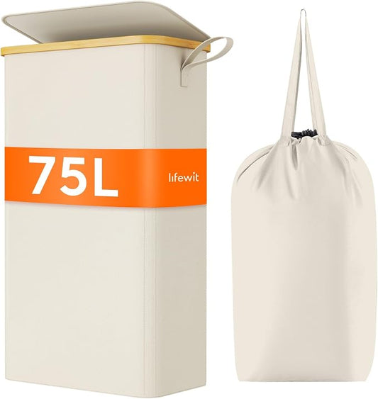 Lifewit 75L Slim Laundry Hamper with Lid, Narrow Laundry Basket with Removable Bag & Bamboo Handles, Fodable Thin Dirty Clothes Hamper for Laundry Collapsible Bin for Bathroom Bedroom Dorm, White