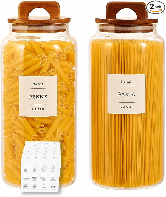 2 Pack Large Glass Flour and Sugar Containers with 132 Pantry Labels - 105 FL OZ Glass Canisters with Bamboo Airtight Lids - Farmhouse Kitchen Glass Pantry Jars for Cookie, Rice, Pasta, Cereal, Salt