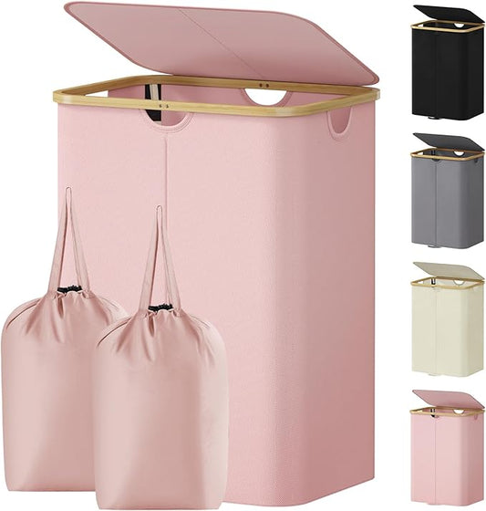 Lifewit 150L Double Laundry Hamper with Lid, Large Laundry Basket with Removable Bag & Bamboo Handles, Fodable Tall Dirty Clothes Hamper for Laundry Collapsible Bin for Bathroom Bedroom Dorm, Pink