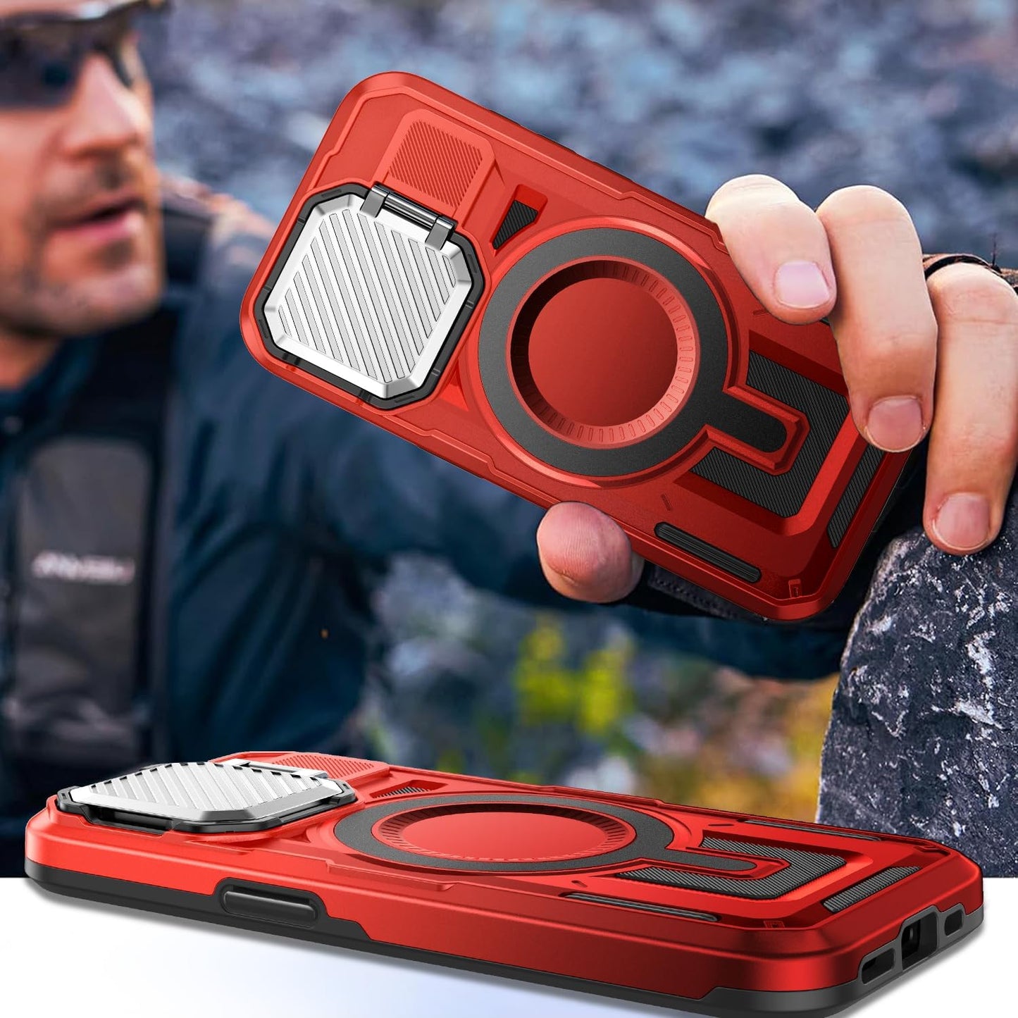 Camera Stand Case for iPhone 13/14, [Compatible with MagSafe] [Lens Cover] 2024 Version Military Grade Protective Soft Case for iPhone 13/14 6.1 inch Men Women, Red